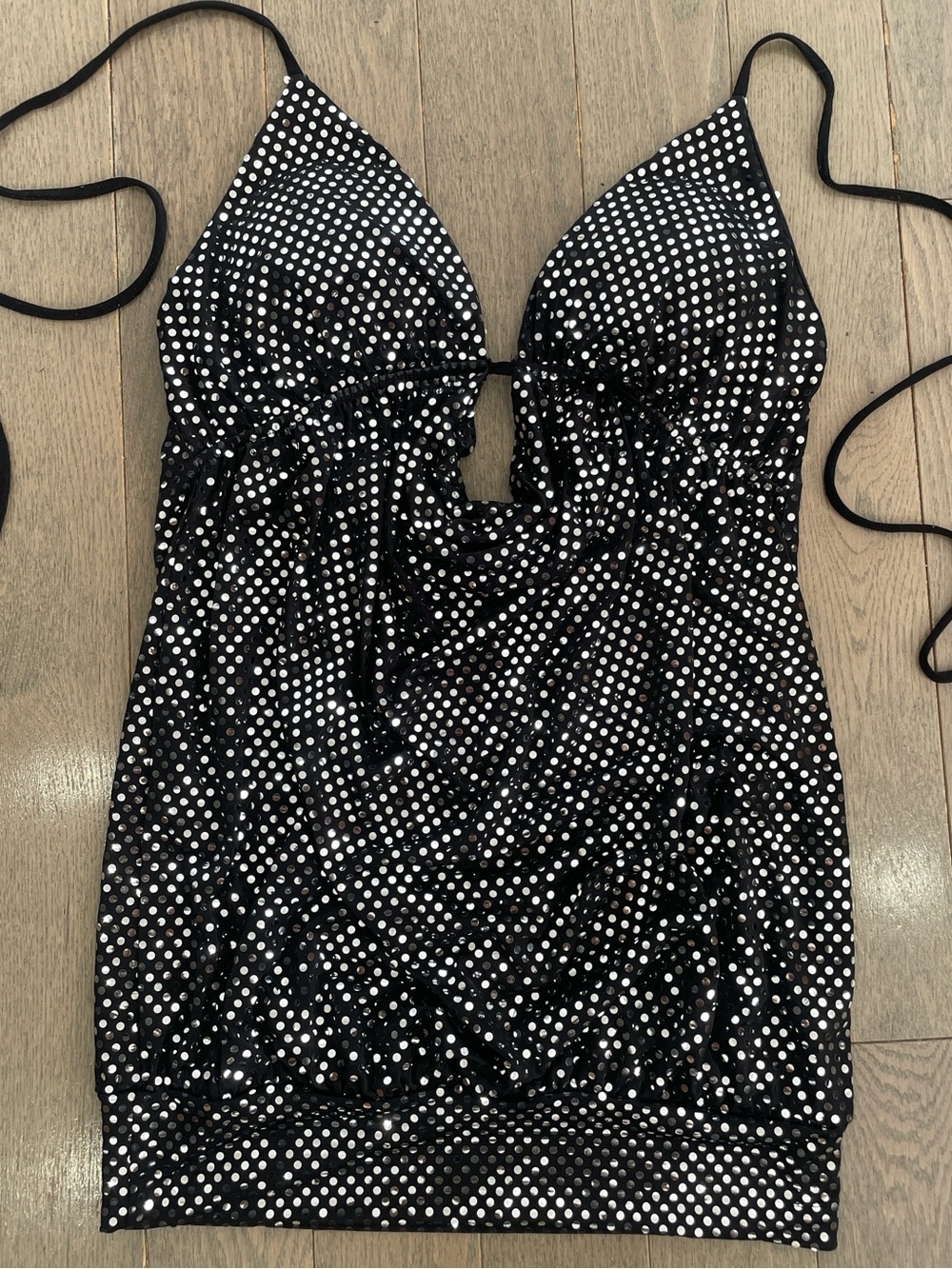 Seductions Black Sequin Halter Top Silver Dot Padded Party Blouse M NWOT